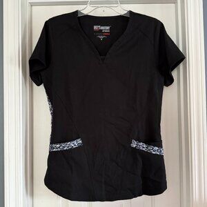 Greys Anatomy Black Scrub Top, Cheetah side print, Size M